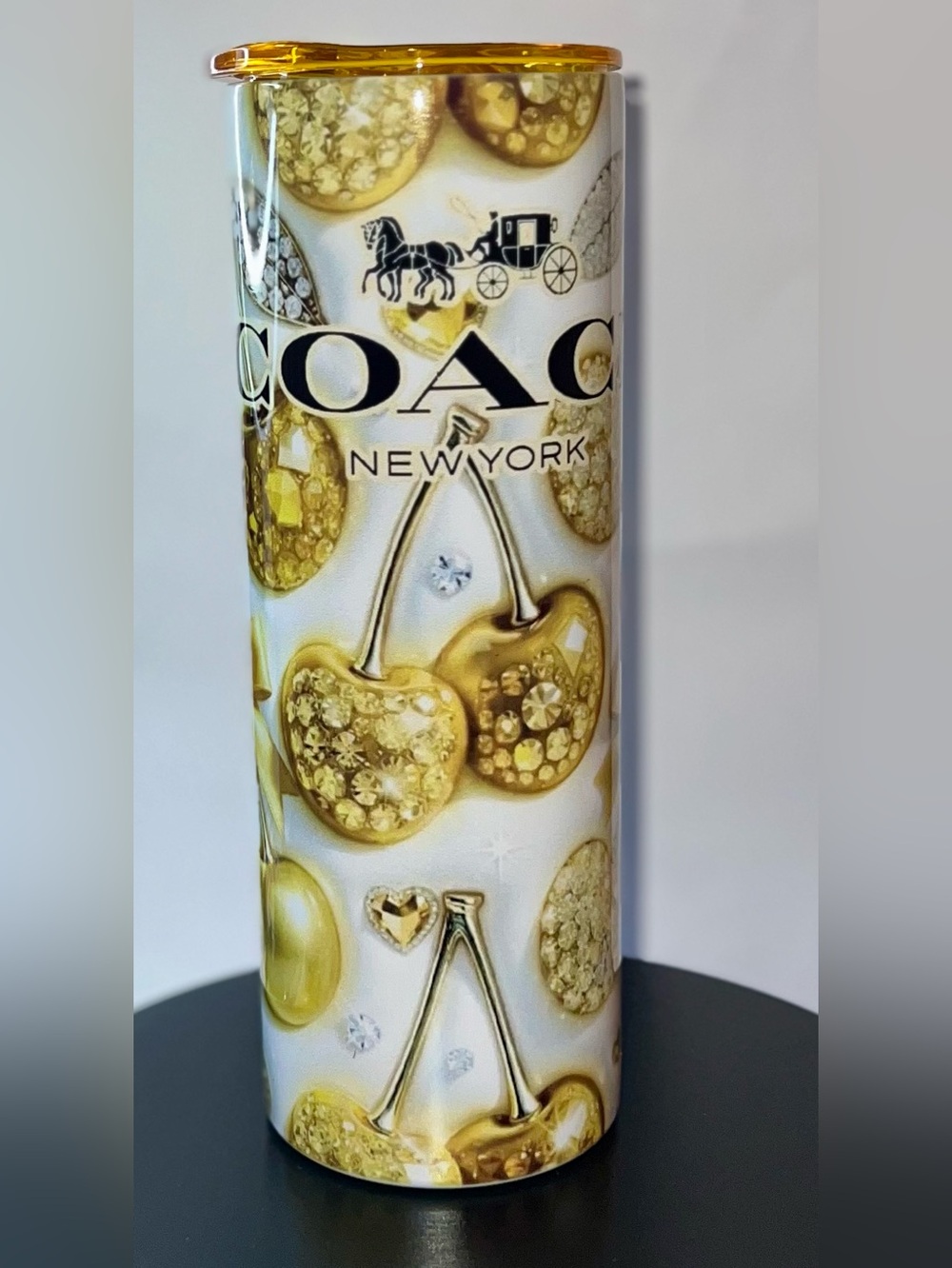 Coach Gold & White Cherry Decorative 20oz Tumbler